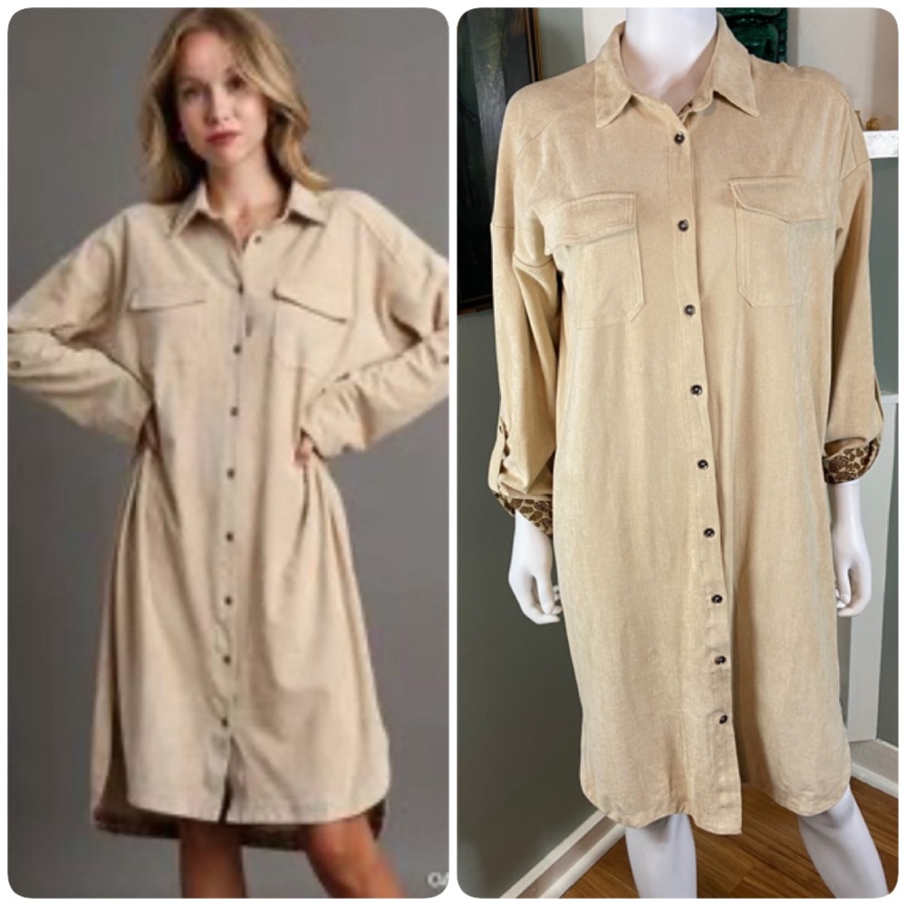Umgee Microfiber Long Sleeve Beige Shirtdress Midi Dress Faux-Suede Duster S